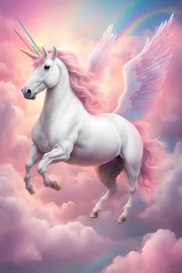 white unicorn with wings flying into the pink sky among clouds and rainbow