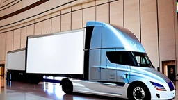 A Tesla semi-truck is parked, inside the 'National Air and Space Museum', in Washington, D.C. CINEMATIC. WIDE ANGLE LENS.