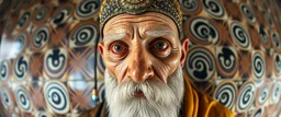 fish eye lense, pin hole cam, master oil painting by Rembrandt, realistic rendering Portrait of the Apkallu sage who were sent by the god Ea to teach civilization to humanity before the flood. They were depicted as half-human and half-fish or bird, and were associated with wisdom, magic, and culture. blurred tile yin yang pattern background, brightened edges to give a sense of depth