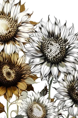 sunflowers brown and gray shades on a white background in futuristic style