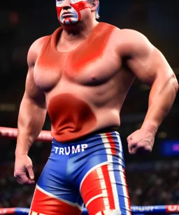 Realistic image of Donald trump wrestler, Mexican wrestling style, eye liner, red and blue breeches, glow us flag dress, suspenders, retro style, 80s, vibrant color, highly detailed, clean background, concept art, unreal engine 5, god rays, ray tracing, RTX, lumen lighting, ultra detail, volumetric lighting, 3d, finely drawn, high definition, high resolution.