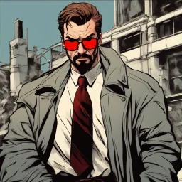 a young man with big muscles who looks like hans gruber wearing a heavy coat and red sunglasses staring with an angry look on his face