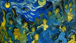 A dark blue chaotic realm with pixies designed in Heidrun manuscripts painted by Vincent van Gogh