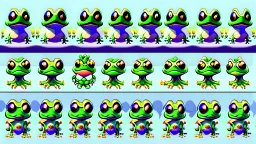 game sprite sheet of 30 images of stylized frog, view from six different angles covering 360°, collection sheet, arcade game, digital art