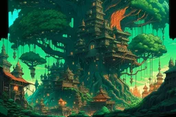 retro anime style, full color, dark serious 1980s anime style, a elf city in a giant tree, no humans, no people