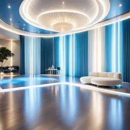 beautiful dance stage in luxury modern hall dynamic lights, modern furniture light blue & cream theme