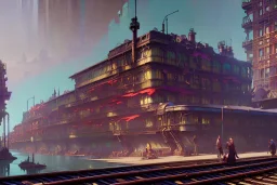 close up train+Elevated train+corner building+Italian colourful sea village +alphonse mucha, greg rutkowski,matte painting, cryengine, hyper detailed, felix kelly, fantasy art, seb mckinnon