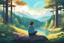 An image featuring a cartoon-style young woman sitting and thinking looking at the forest and breathing peacefully , much like the iconic 'Lofi Girl' scene. She is surrounded by a beautiful scenery and daylight that makes her bright and other elements that exude a sense of calm. Ensure that the image exudes a tranquil and relaxing ambiance, perfect for studying or moments of contemplation, unreal engine, greg rutkowski, loish, rhads, beeple, makoto shinkai