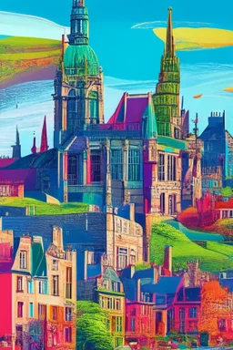 Illustration of Edinburgh, vivid colors, details, realistic