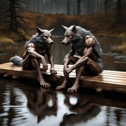 realistic 3d one dark gray and one brown fantasy anthropomorphic wolf-human hybrids creature in body hair lie exhausted and wet on their stomachs on two wooden boards next to a deep river, on the opposite bank in the distance, hour-long, thick-trunk trees are faintly visible, grass, mud, rain, high realistic, detailed, cinematic, sci-fi, digital art, dark fantasy mood