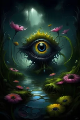 (((there is a "very strange looking flower with an eyeball in the center" in a swamp))), it has "flowing pedals"++ in the middle of a swamp, "many otherworldly plants in the swamp", vivid colors, colorful++, surreal and fantasy art, dark surreal art, surreal dark fantasy, surreal dark art, surreal concept art, surrealistic digital artwork, 8k surrealism, ornate, dream world