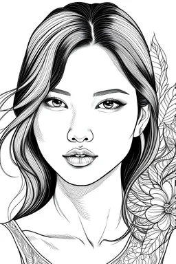 Pages with a beautiful Asian woman's face, white background, Sketch style, only use an outline, Mandala style, clean line art, white background, no shadows, and clear and well outlined