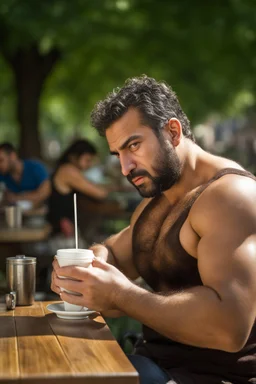 half figure photography of an ugly turkish barman servicing one coffee at the table, burly robust muscular chubby shirtless mainly chest very hairy 29 years old man, in a public park of Istambul , sunny day, sweat, wet, big shoulders, angry eyes, photorealistic