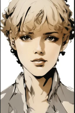 Portrait of a young female with short curly hair, and tan skin color, drawn in Yoji Shinkawa style, black and white with a gray background.