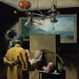 human body, universe-like light,complex surgical instruments mixed with a newborn boy,minimalism,Painting By Adrian Ghenie, Rene Magritte, Salvador Dali, Lucian Freud