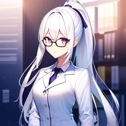 girl, masterpiece, best quality, volumetric lighting, detailed outfit, perfect eyes, white hair, purple eyes, long hair, ponytail, office, glasses,