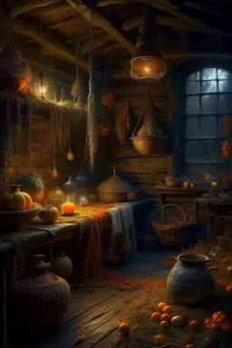 autumn landscape in the hut of a witch in a hat brews a potion+glass jars+basket+ +dried flowers+wildflowers+moss++decoupage of flowers+embroidery technique+braided beads+vine+moonlit night,fabulous landscape,surrealism,realism,naturalism,dot technique,microdetalization,high detail objects,digital illustration,volumetric clarity,dark fantasy,dark botanical.