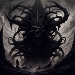 Generate a visually striking artwork that depicts 'Abaddon' as a formidable and malevolent entity, drawing inspiration from dark mythology and biblical references. Incorporate elements of chaos, destruction, and a foreboding atmosphere, while highlighting Abaddon's menacing presence and otherworldly power.