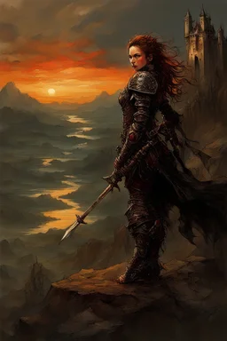 A formidable warrior girl in black armor, on the background Amazing gloomy landscape, flooded with sunset, mountains, trees, fabulous scary hero, , juicy emotions, painting, dark fantasy, gloomy day, dark world, portrait, Gothic Town At Night, Fantasy, Intricate Details, Castle Courtyard Gardens, Hyper Detailed, Jean Baptiste Monge, Carne Griffiths, Michael Garmash, Seb Mckinnon, Masterpiece