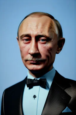 Waist up muppet Portrait, Vladimir Putin as muppet doll, Black suit, photo studio, blue background, unreal engine 5, concept art, art station, god lights, ray tracing, RTX, lumen lighting, ultra detail, volumetric lighting, 3d.