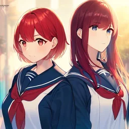 High quality, Detailed, 2girls, looking at eachother very angrily, both wearing a sailor uniform, one with red hair, the other with blue