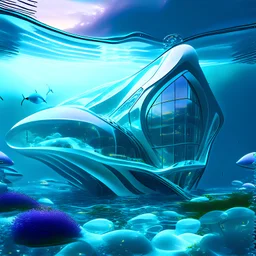 Futuristic crystal clear country house underwater Zaha Hadid style hyper-realistic 8k contrasting color detail