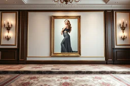 a very beautiful lady full body photo in pretty frame hanging a wall in a luxury galery stage with carpets in floor