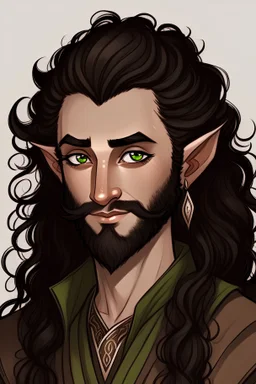 Brown elf with pointy ears and super curly long black hair and a beard and dark brown eyes