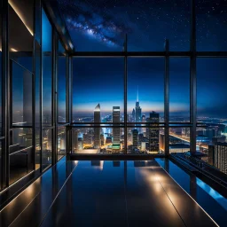 in luxury hall in top floor of skyscrapper in moder city at night sky, ,city scape at backgrownd