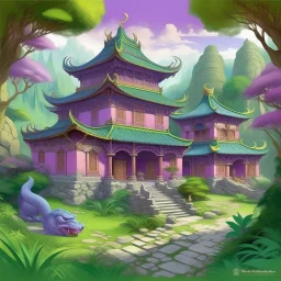 A light purple Eastern palace with a Zen garden and a draconic chameleon painted by Vincent van Gogh