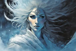 create a highly detailed high fantasy portrait illustration of a sensual sorceress clothed in hoarfrost, amidst a swirling blizzard on the eve of Samhain under the watch of a baleful moon in the graphic novel style of Bill Sienkiewicz, with highly detailed facial features and clothing, otherworldly and ethereal