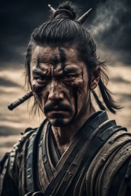 Samurai looks at the enemy, stands after the battle, fear and horror on his face, tired and beaten, sand on his face mixed with sweat, an atmosphere of darkness and horror, hyper realistic photo, In post - production, enhance the details, sharpness, and contrast to achieve the hyper - realistic effect