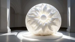 hyper realistic render of a Sun carved out of white marble, sculpture is displayed inside of a big art exhibit