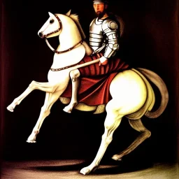 Dibujo de cuerpo entero Épico de guerrero con armadura montando a caballo en Elder Ring con estilo de Caravaggio