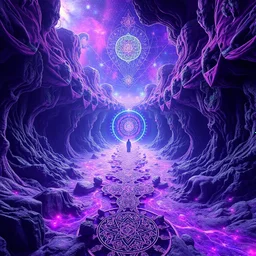 Surreal DMT Dimension with vibrant and kaleidoscopic visuals, MOSTLY SHADES OF PURPLE, Galaxy Witchy Feel as brings one together with like minded individuals. The feel of Ascension and Connecting with a Higher Power, gothic witchy vibes with like a whimsical galactic feel with Shades of Purples and Black, SILKY otherworldly landscapes, intricate geometric patterns, ethereal beings, cosmic energy, glowing fractals, immersive depth of field, cinematic lighting, masterful digital PAINTING