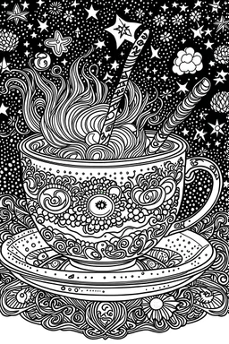 Outline art for coloring page, TEACUP SET IN STARRY SKY, coloring page, white background, Sketch style, only use outline, clean line art, white background, no shadows, no shading, no color, clear