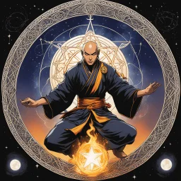(in the style of Orion, by Masamune Shirow) a Shaolin monk casting a magic spell in the middle of a pentacle, magic is in the air, he cast fire by his hands