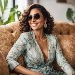 portrait photography, upper body, shot by Canon EOS 5D, indoor, 25 years old Brazilian lady Ambrosso Sanchez, sitting on her sofa, wearing sunglasses, she has modern style, looks very happy, cozy ambient, high quality, aged face details, intricate details