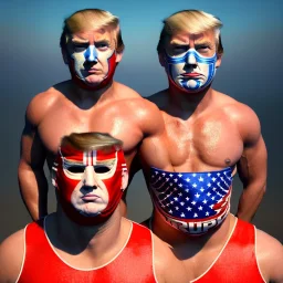 Realistic image of Donald trump wrestler, Mexican wrestling style, Mexican wrestling mask for eyes, red and blue breeches, glow us flag dress, suspenders, retro style, 80s, vibrant color, highly detailed, sky background, concept art, unreal engine 5, god rays, ray tracing, RTX, lumen lighting, ultra detail, volumetric lighting, 3d, finely drawn, high definition, high resolution.