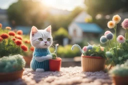 photorealistic image, knitted and embroidered chibi anime gardener cat watering flowers, ecuador landscape, S<AI in sunshine, ethereal, cinematic postprocessing, bokeh, dof