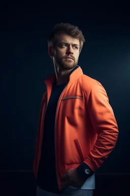 high quality photography 30 year old handsome developer man, stock photo premium, epic view, bright background, low-angle shot. tennis jacket