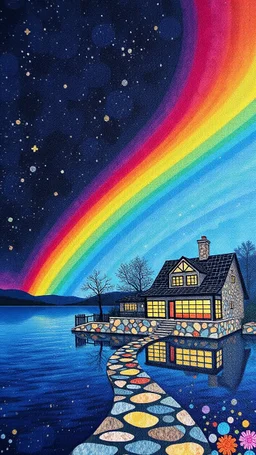 "Midnight Serenade unique" low view angle shot down rainbow sky , large close up a beautiful house by the lake , granite terrazzo motifs with puzzle modern , clothing is decorated with colorful filigree abstract, Collage chutes papiers magazines,Spirograph background by Nisa Kiley, Textile Artist،