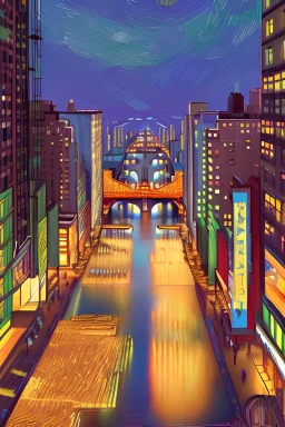 Van gogh illustration of New York hyper detailed and realistic, top view, night with lighting, wonderful, 8k.