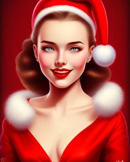 girl in red dress, close up portrait, Christmas, smiling, cute, beautiful, 1940s