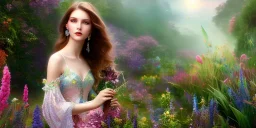 bright fairy, beautiful portrait, flowery landscape