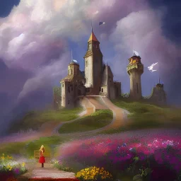 Epic Castle into sky, with flowers of fyre. Huge clouds and birds. Shy girl going out of the main gate. Detailed painting, sharp color, medieval, intricate detail, far sceen, realistic colors, medieval concept art. spring.