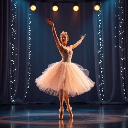 create of a beautiful balerina in pretty clothing in a modern cifi stage in her performance cinamatic lights .