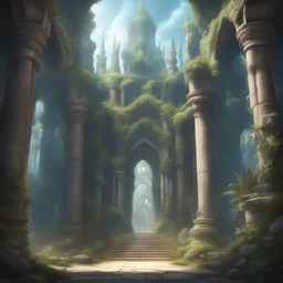 A ancient abby overgrow and yet home to the spirit wardens that fight Vaermina's plague of dreams in Azura's name, in tempora art style