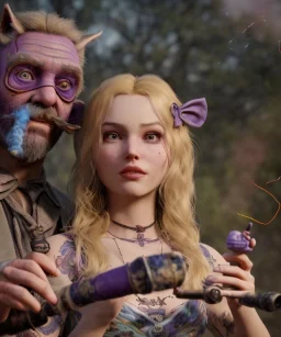 Ultra realistic afternoon photo, happy couple, blonde Alice woman and purple cat smoking a pipe, circus blue dress style, black headband with bow, old school body tattoo, smoke, marihuana garden, glow eyes, perfect iris, soft color, highly detailed, unreal engine 5, ray tracing, RTX, lumen lighting, ultra detail, volumetric lighting, high definition.