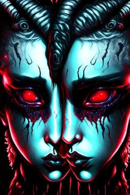 Comic book art style two headed lamb with red eyes, digital portrait, dark fantasy, black iridescent skin, holographic, shiny, PVC texture, wet look, anime, gothic